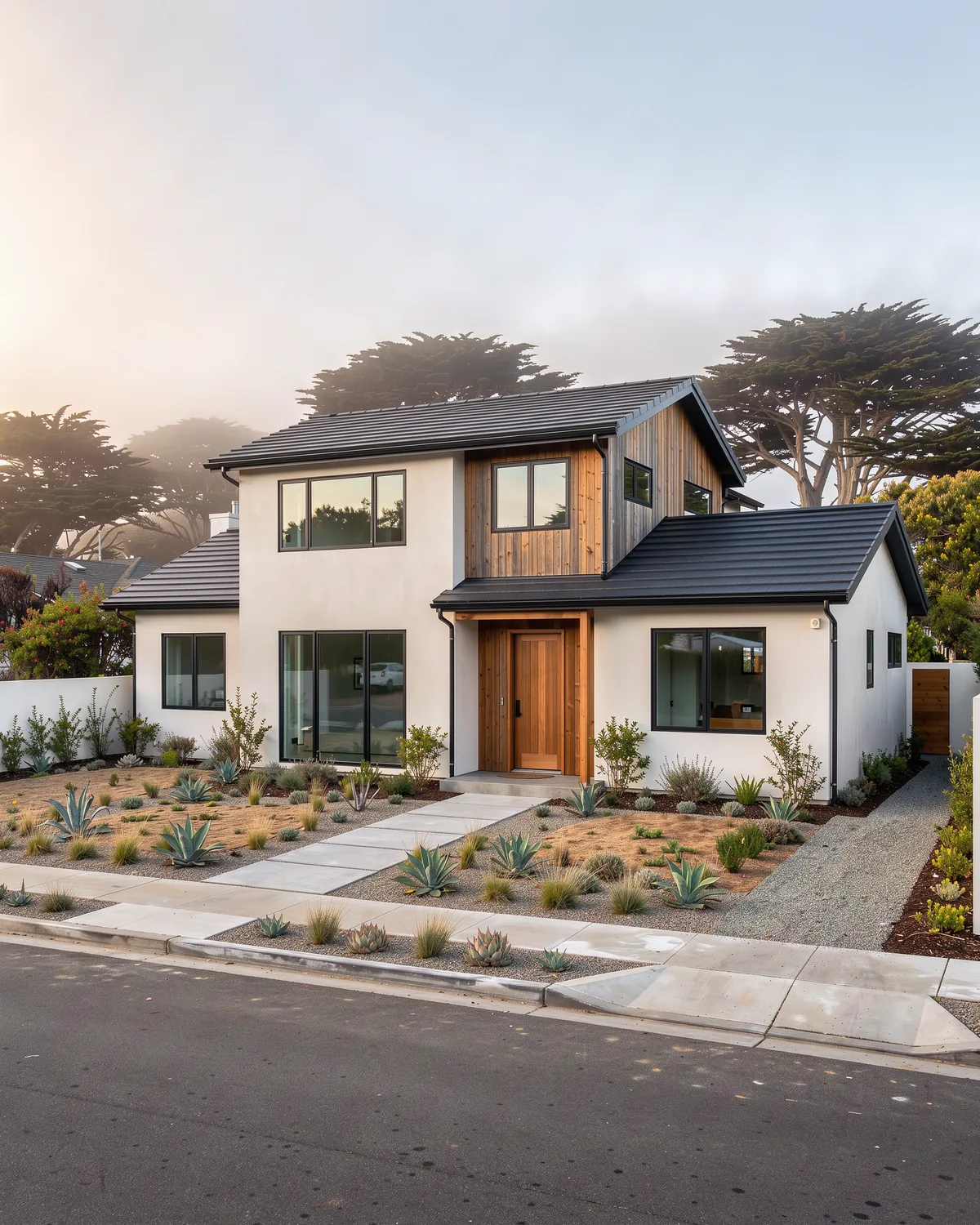 Illustration of a two-story coastal home with white stucco and cedar accents